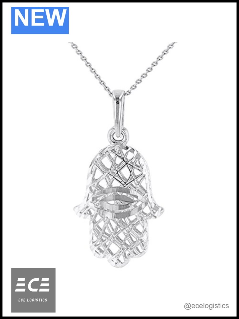 14K White Gold Hamsa Hand Evil Eye Pendant Necklace 16in